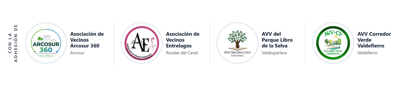 Logos de la Asociación de Vecinos Arcosur 360, la Asociación de Vecinos Entrelagos, la AVV del Parque Libro de la Selva y la AVV Corredor Verde Valdefierro