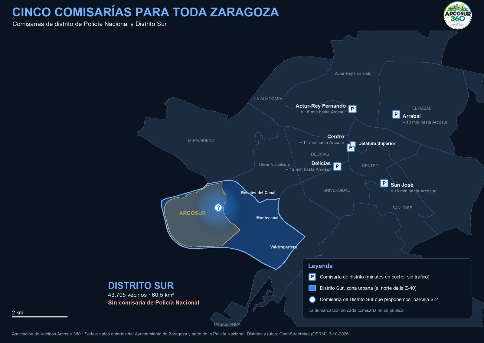 Mapa de las cinco comisarías de distrito de Zaragoza y el Distrito Sur