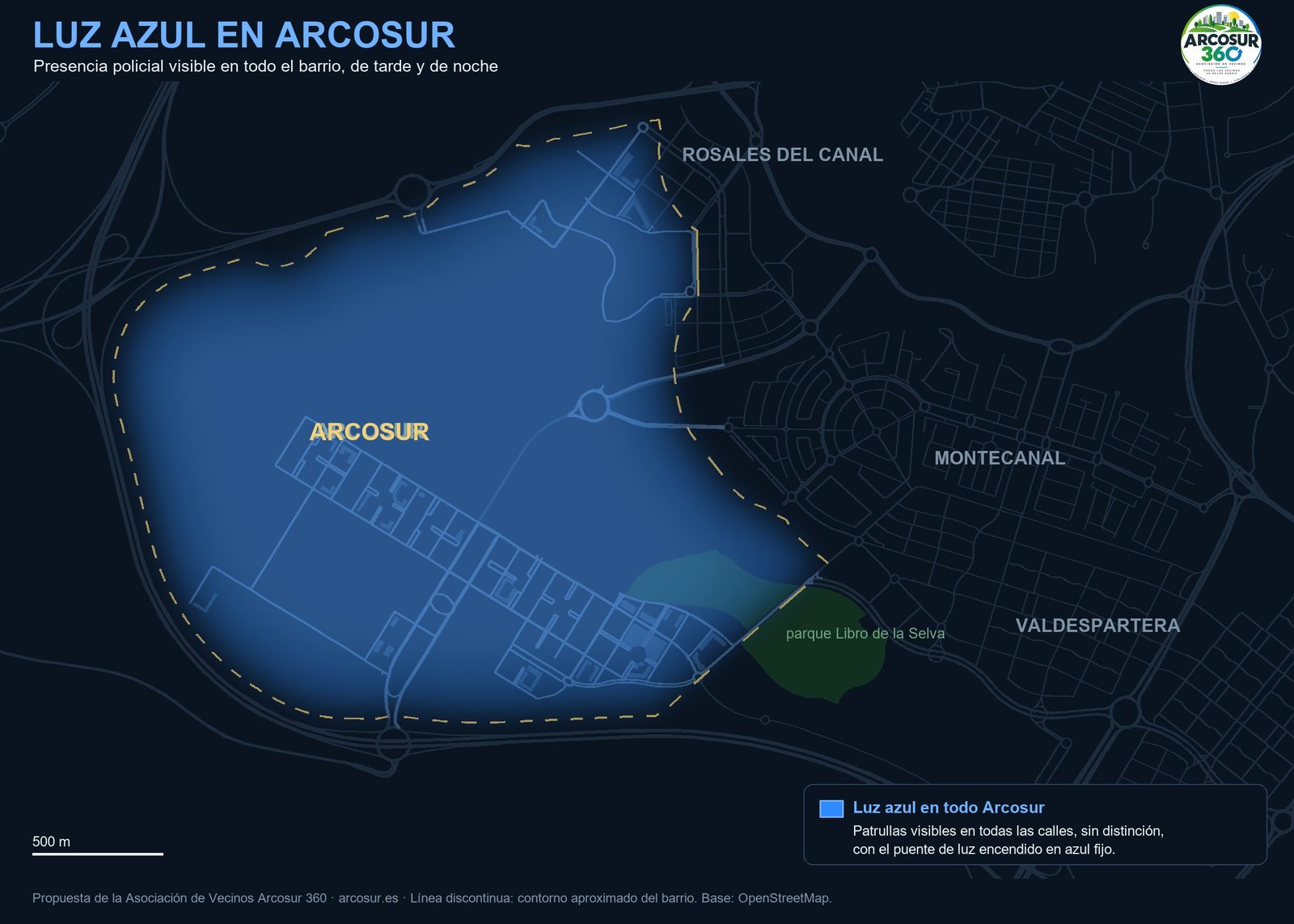 Mapa de Arcosur con luz azul en todo el barrio