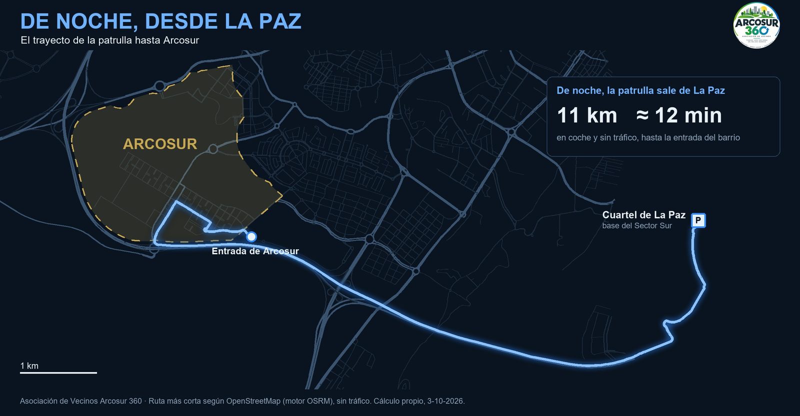 Mapa del trayecto desde el cuartel de La Paz hasta Arcosur