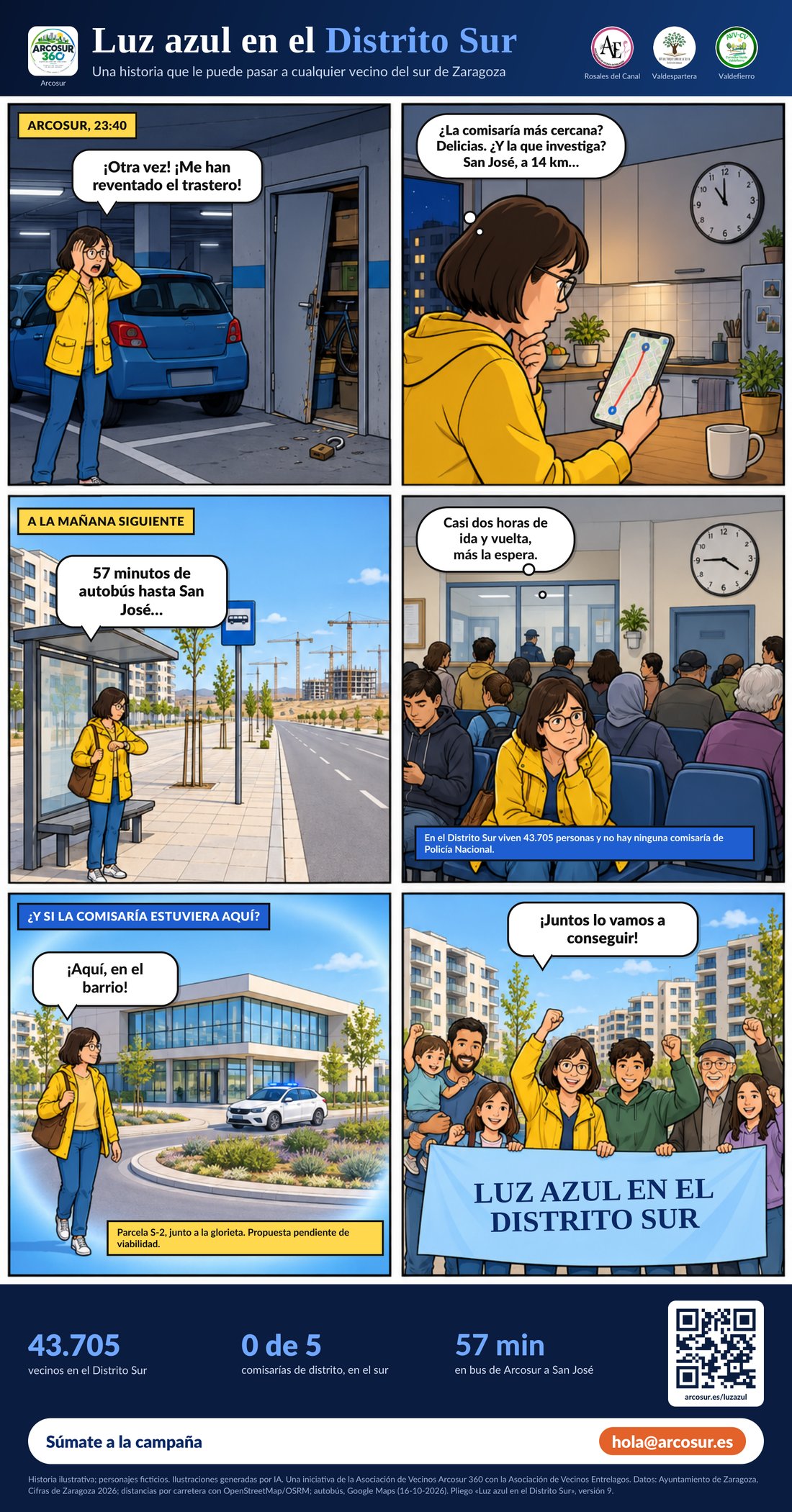 Viñeta en seis escenas: a una vecina de Arcosur le revientan el trastero de noche; a la mañana siguiente tarda 57 minutos en autobús hasta la comisaría de San José y casi dos horas entre ida, vuelta y espera; al final imagina la comisaría en la parcela S-2 y los vecinos piden juntos la luz azul en el Distrito Sur
