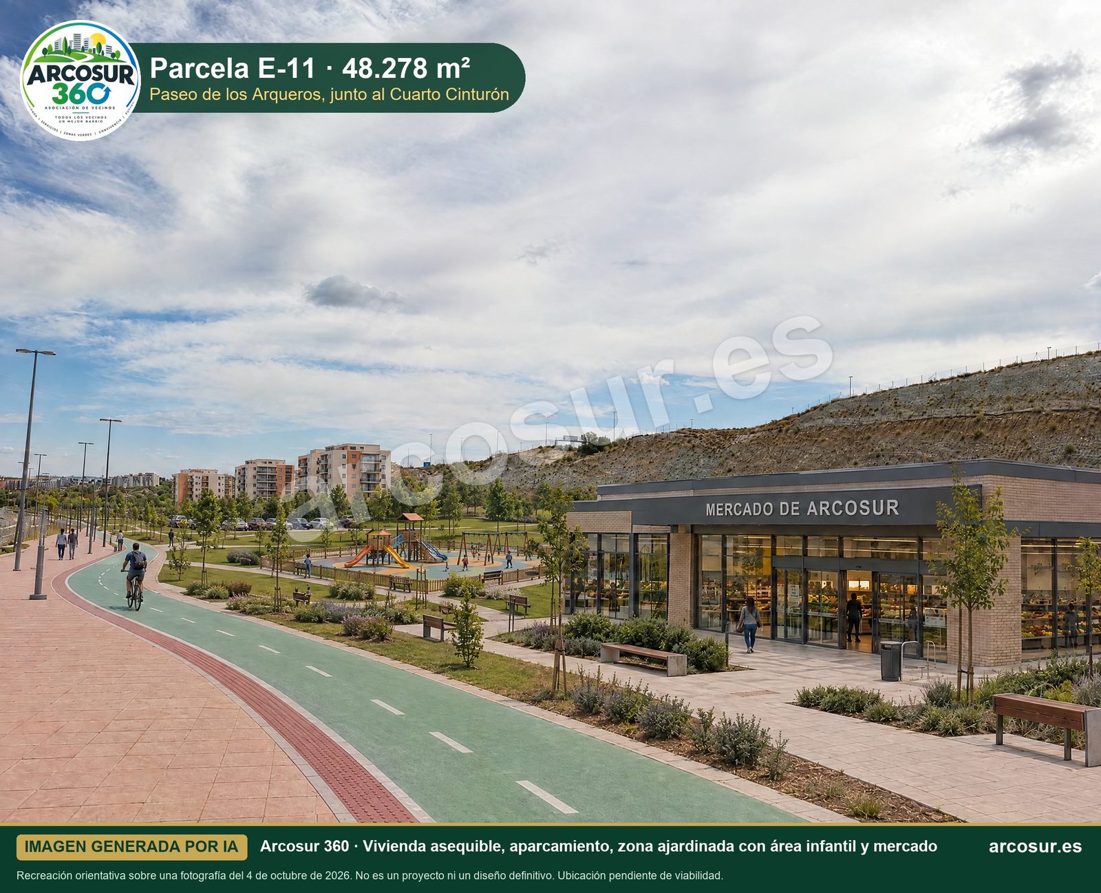 Recreación de la parcela E-11 con mercado, zona ajardinada con área infantil, aparcamiento y viviendas