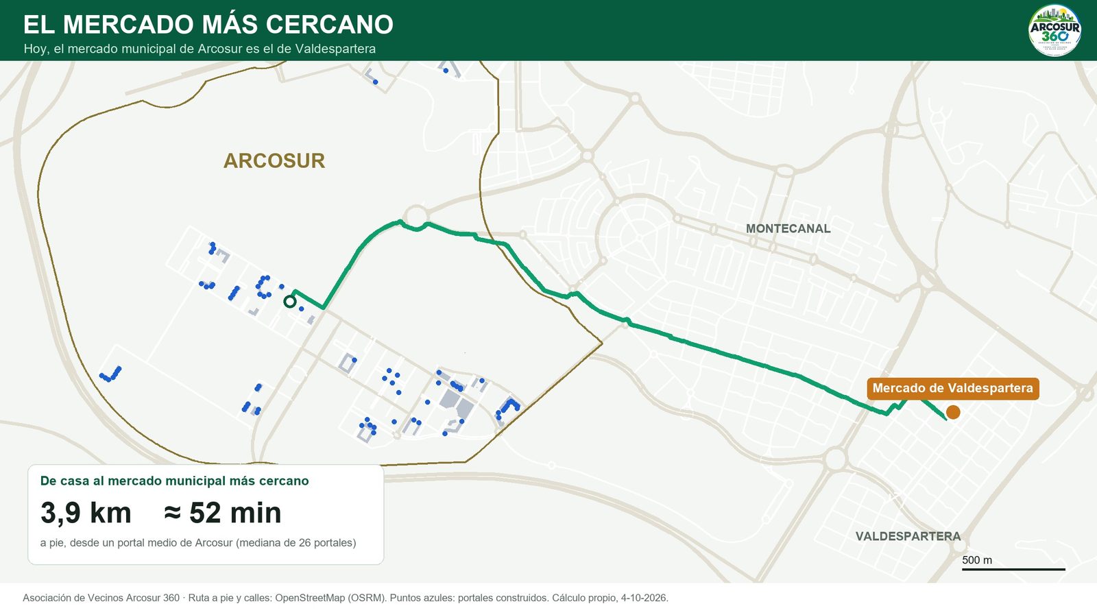 Mapa de la ruta a pie desde Arcosur al Mercado de Valdespartera