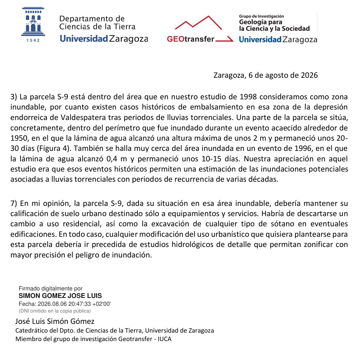 Informe del catedrático José Luis Simón Gómez sobre la parcela S-9, de 6 de agosto de 2026