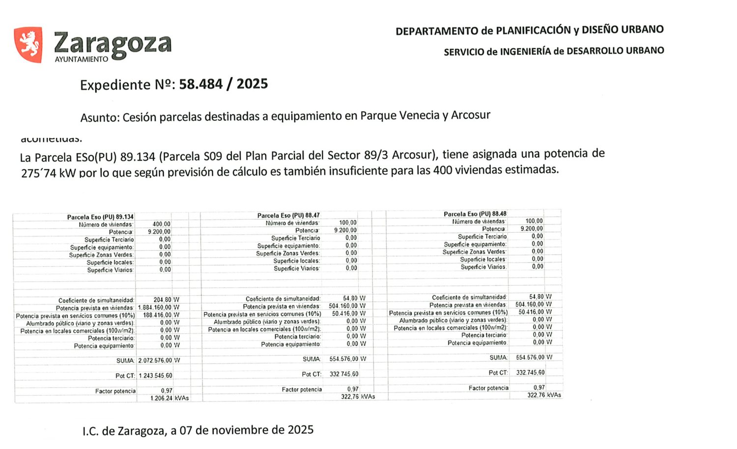 Informe del Servicio de Ingeniería de Desarrollo Urbano de 7 de noviembre de 2025 sobre la potencia eléctrica de la parcela S-9