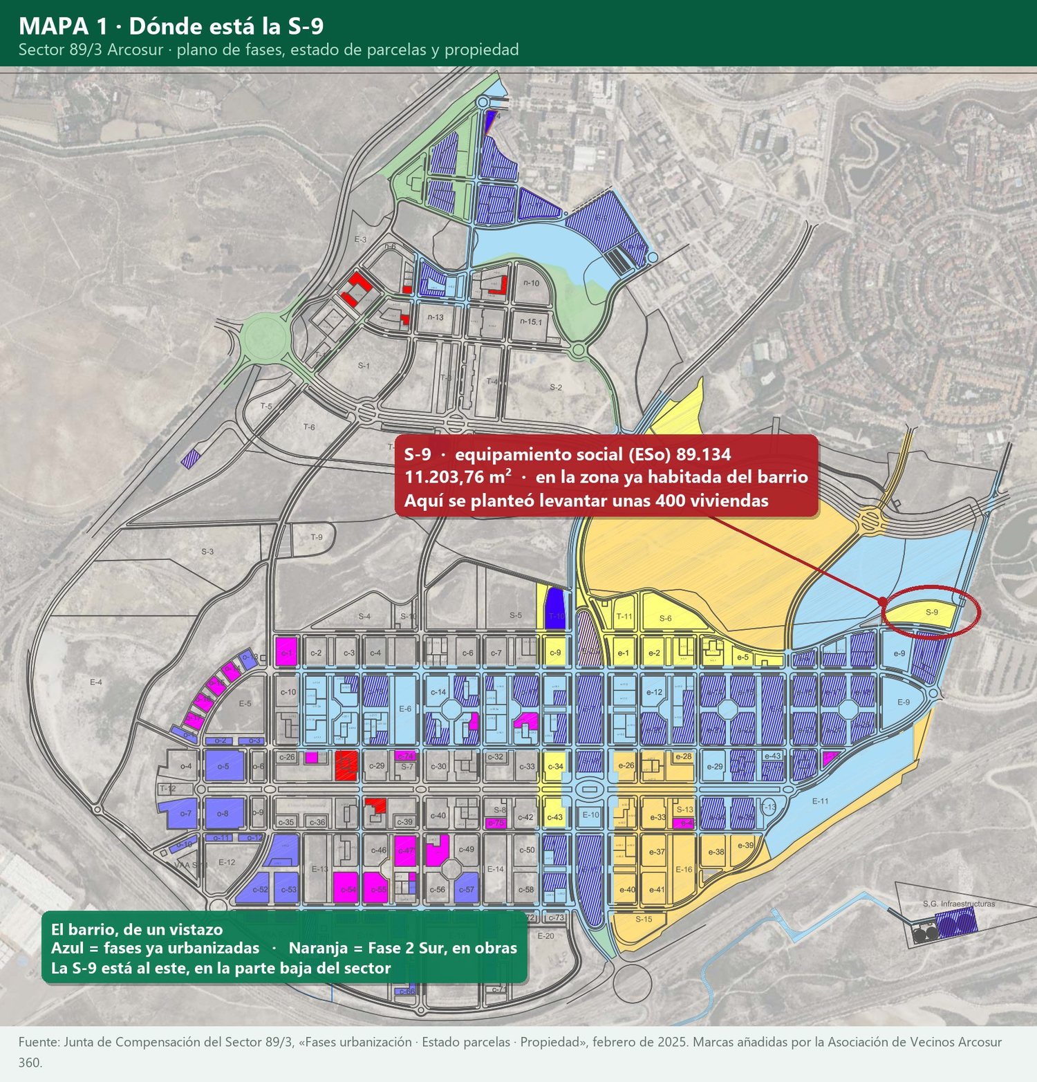 Plano del sector 89/3 de Arcosur con la parcela S-9 señalada en el extremo este del barrio