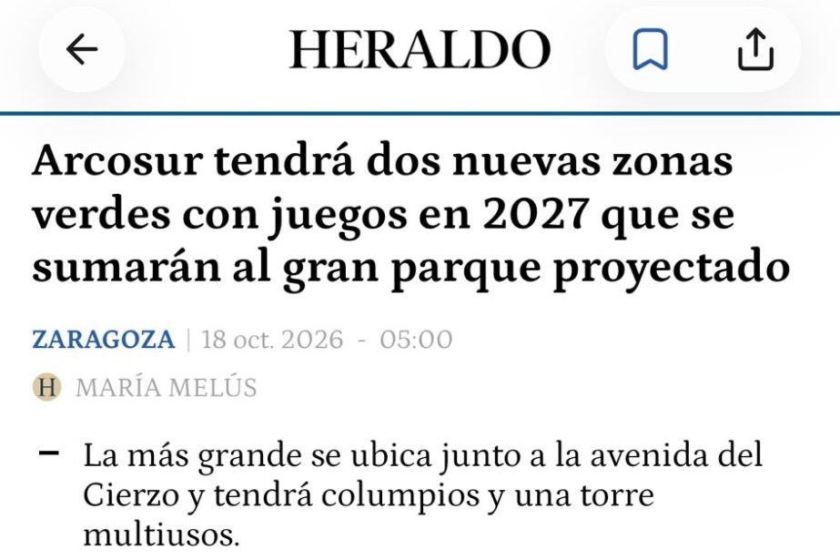 Titular del Heraldo de Aragón del 18 de octubre de 2026 sobre las dos nuevas áreas con juegos en Arcosur
