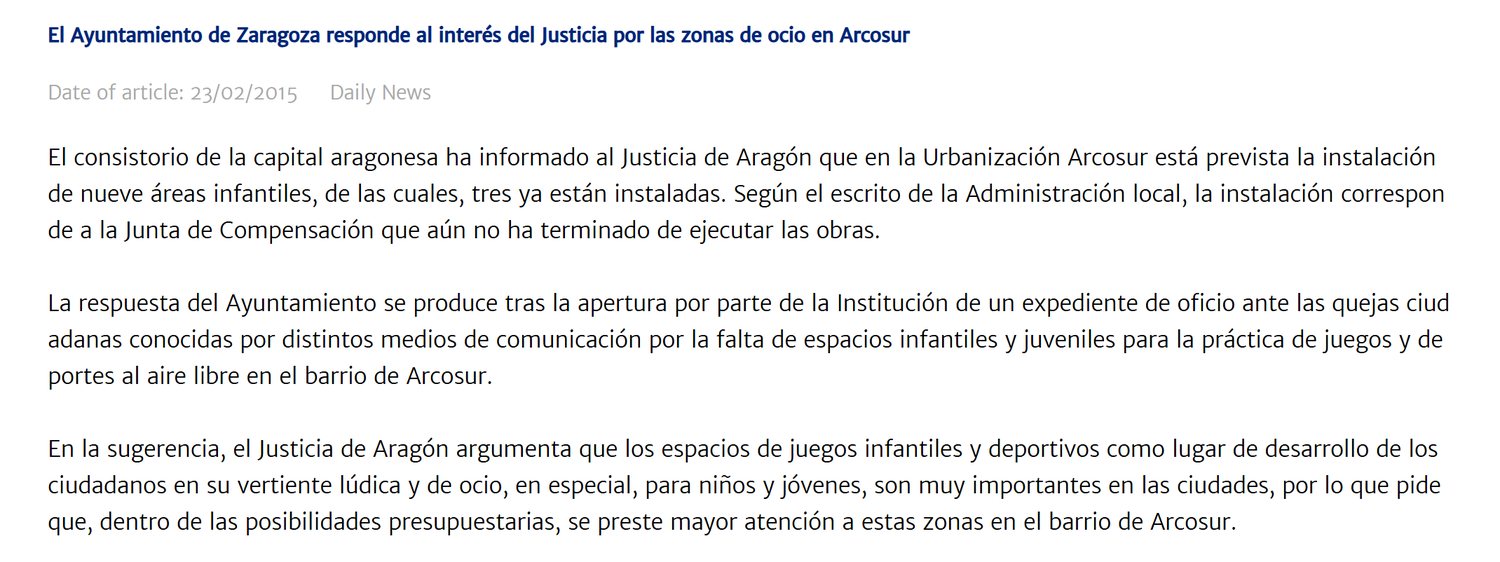 Nota de 2015: el Ayuntamiento responde al Justicia sobre las zonas de ocio en Arcosur